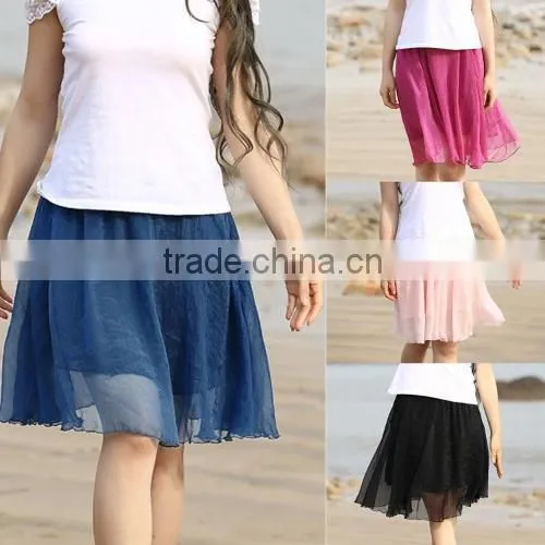 New Fashion Stylish Women's Elastic Waist Knee-length Chiffon Pleated Beach Skirt