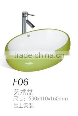 F07 Fashion ceramic green basin round bowl shape basin, colored basin white inside and green outside
