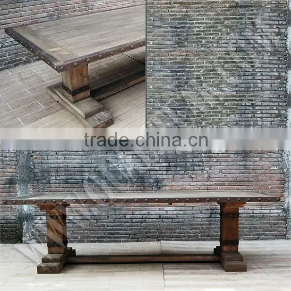 Antique French Country Distress Steel Edge Teak Dining Table