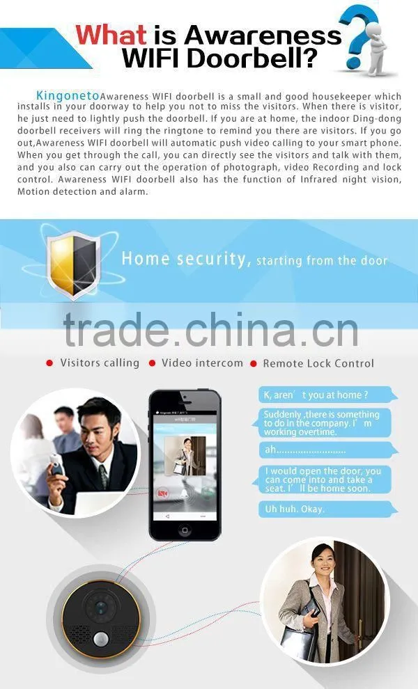 Hot sale Alibaba China supplier Intelligent Awareness Wifi doorbell with Motion sensor(Android and IOS)