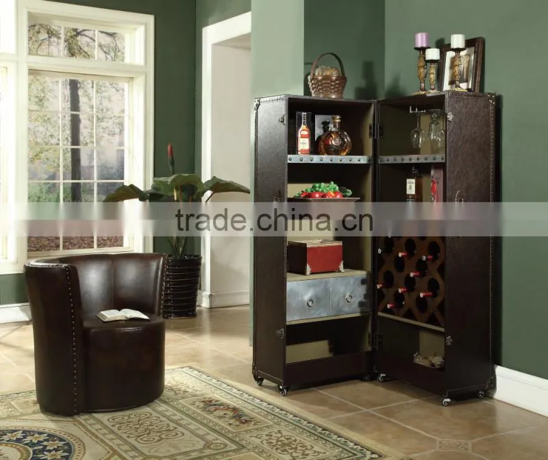 America Antique Wine Cabinet Wood Leather Cabinet With Wheels
