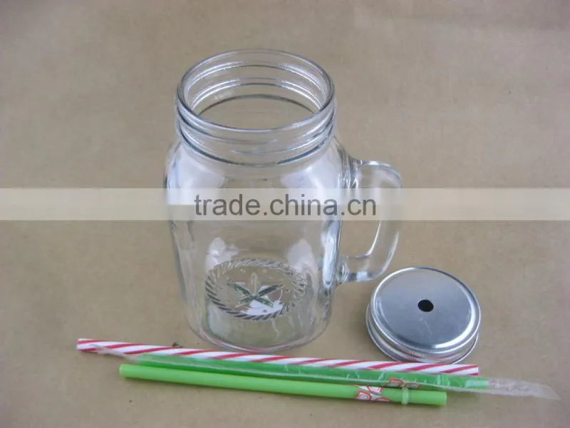 glass mason jars , drinking jar , glass mason jar with handle and metal lid straw