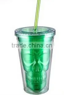 Skull Shaped Inner Wall Plastic Wine tumbler with straw lid