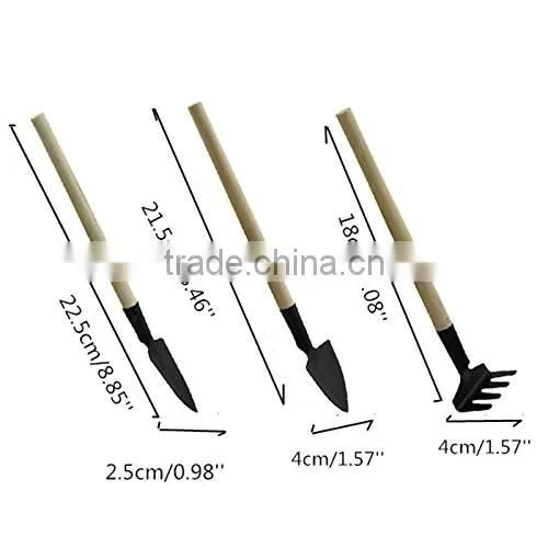 3pcs Mini Garden Gardening Plant Tools Set with Wooden Handle Shovel Rake Spade