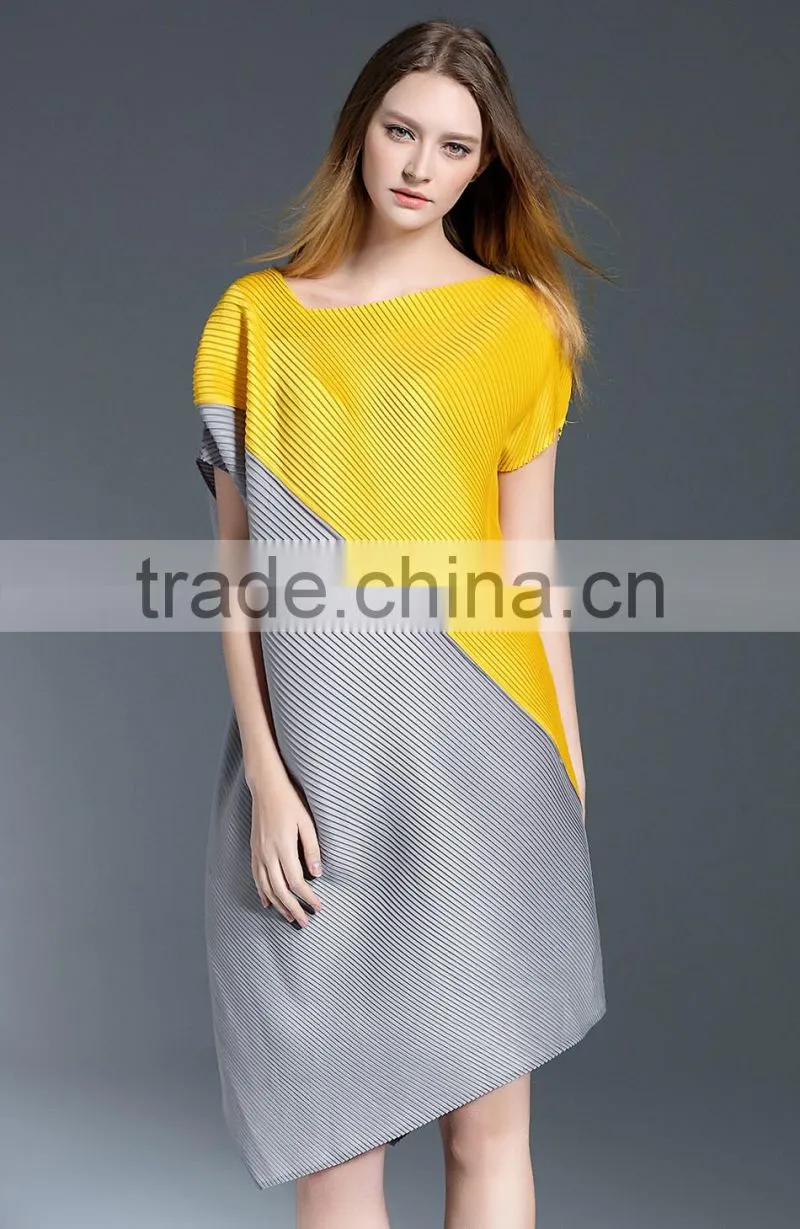 Women pleat trendy high low hem design sloping shoulder dress