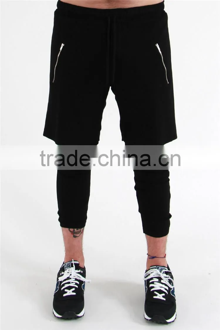 Mens fit gym two layer pants with zipper pocket custom mens jogger pants