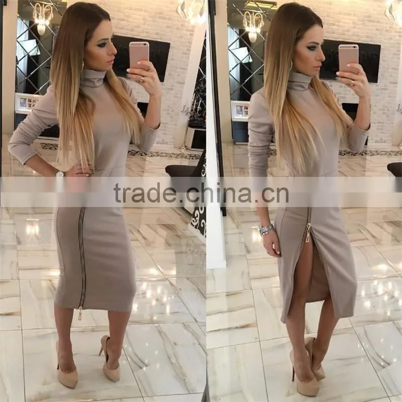 Autumn sexy Women's High Collar Slim Ladies long sleeves bottom zipper zipper slit sexy bodycon office dress