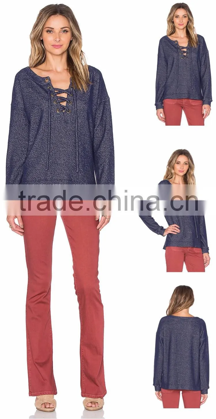 Long Sleeve Women Lace Up Fashion Jean Shirt