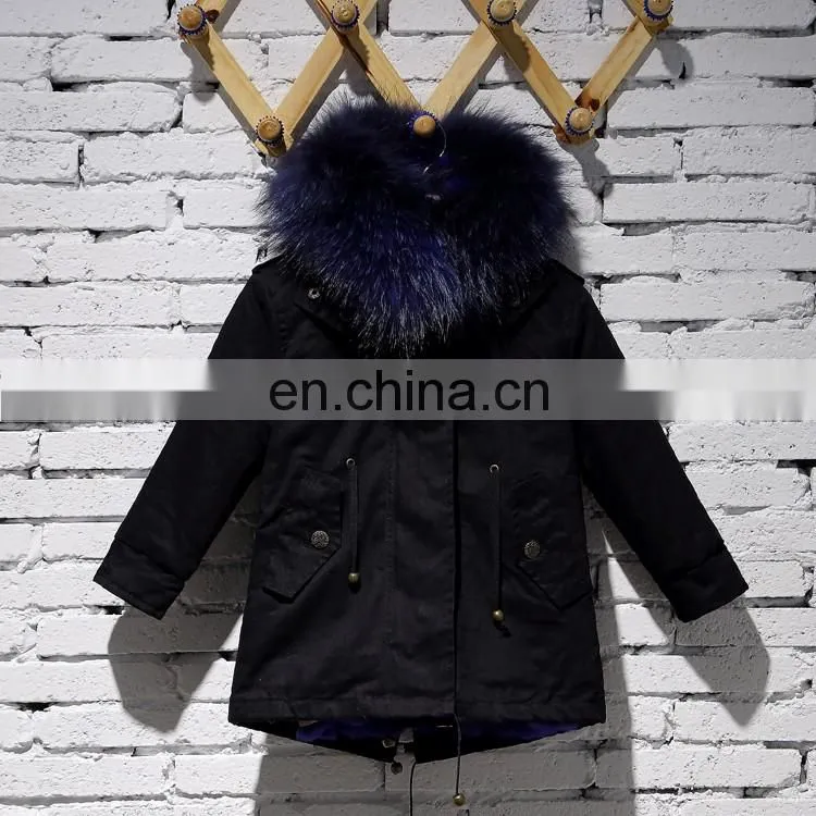 2016 Hot Sale Children Clothing Latest Korean Style Kids Coat with Raccoon Fur Hood and Rabbit Fur Lining