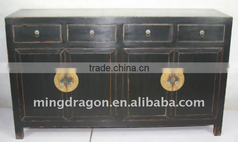 Chinese Antique Style Jilin Black Four Door Four Drawer Cabinet