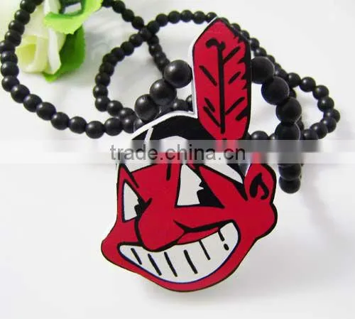Wooden Chief Pendant with a 36 Inch Wood Beaded Necklace Chain