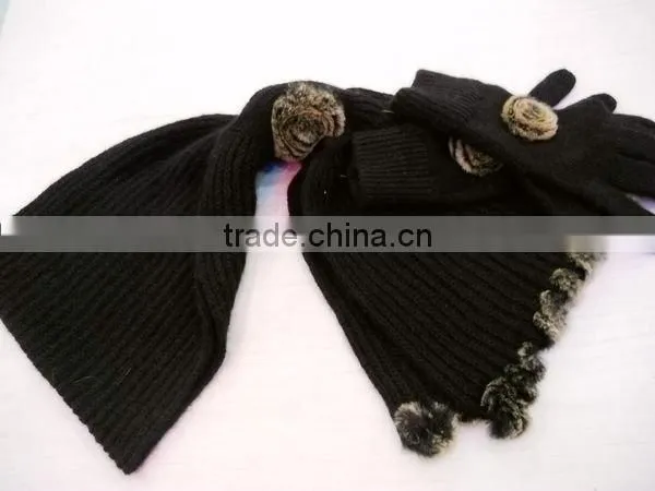 fashion acrylic knitted gloves scarf set with artificial fur