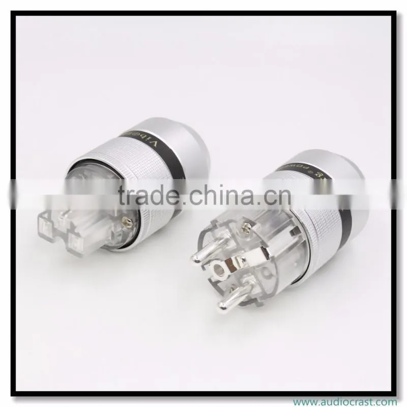 OEM/ODM Viborg Audio Aluminum Silver Plated Schuko European Power Plug Male EU Connector+IEC Female Connector