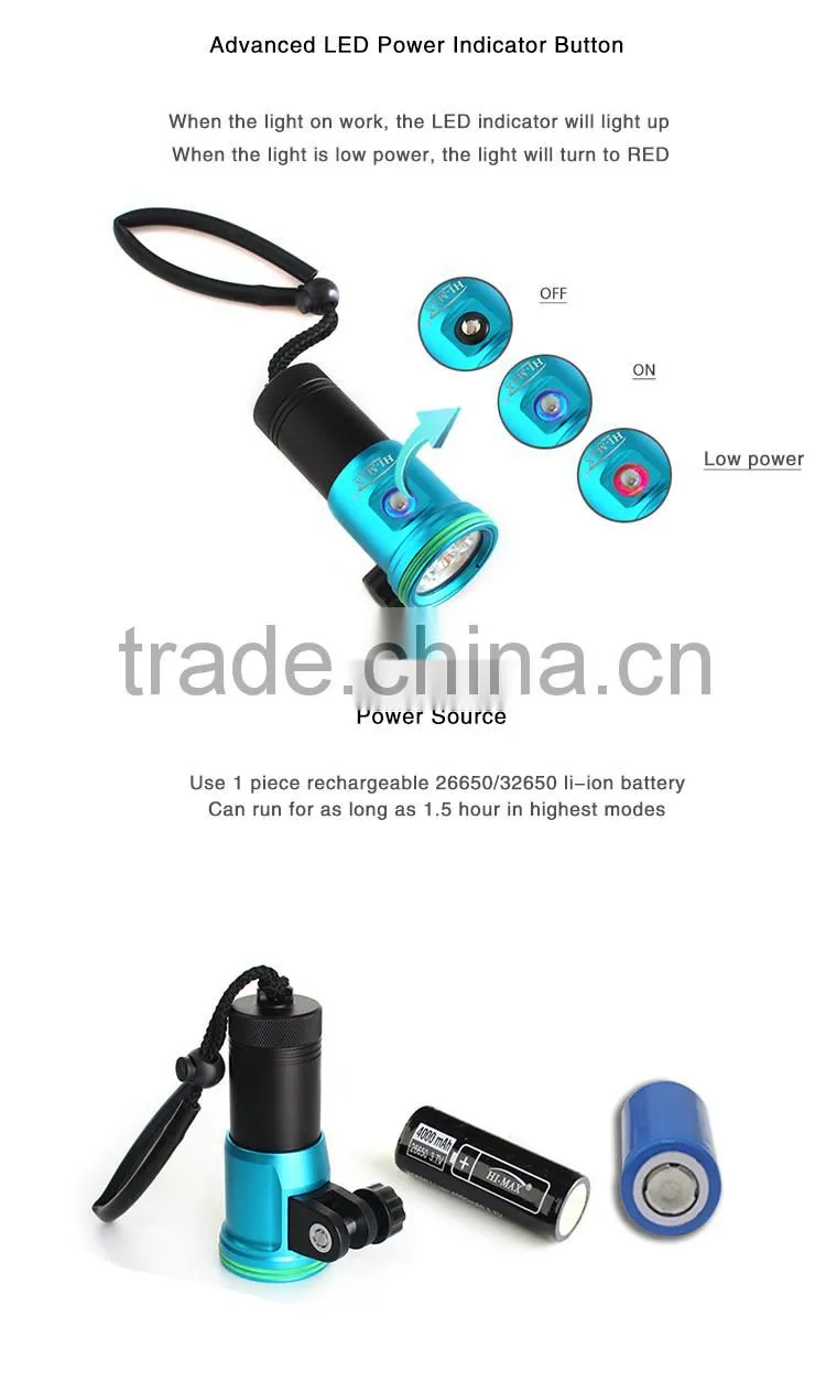 Scuba Torch 32650 Video Diving Light with ball head stand ,up to 100M