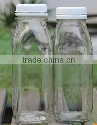 Wide mouth french square beverage glass bottle with black lid