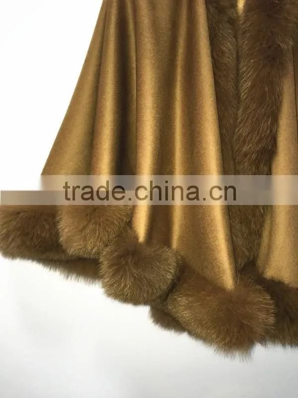 OEM women wholesale hebei camel cashmere and fox fur trim cape