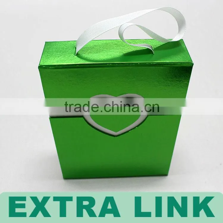 Handmade handle white insert green fancy paper wrapped heart closure chocolate cardboard box