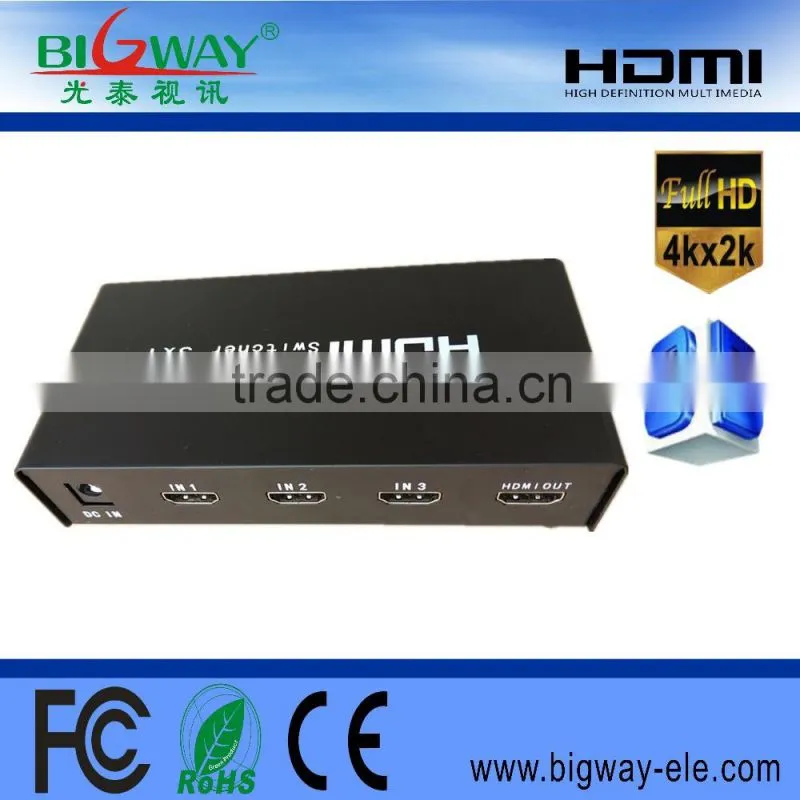 3X1 HDMI 1.4 Switcher supports resolution up to 2160P and 1080P