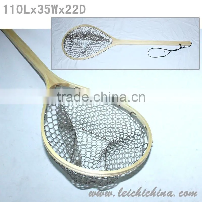 wood frame rubber net fly fishing bamboo landing net