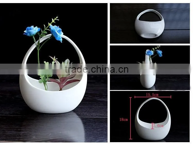 2016 basket shaped decoration white hanging ceramic planter for flower