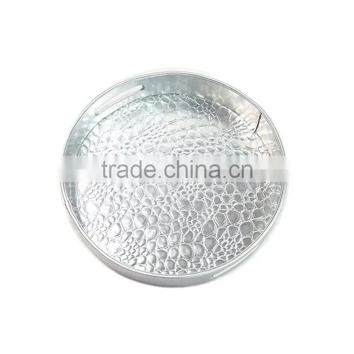Round Silver Faux Leather Tray For Home/Office