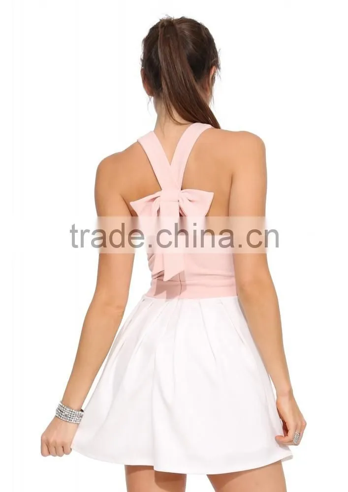 Ladies sweet style back bow round halter neck cross back elegant fit and flare short dress