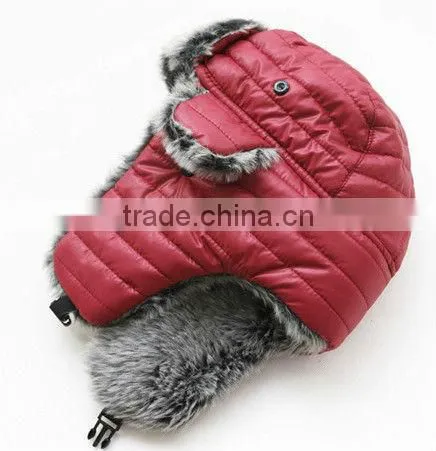 Snow ski wool buffaro check rabbit fur aviator winter trapper hat with ear flaps