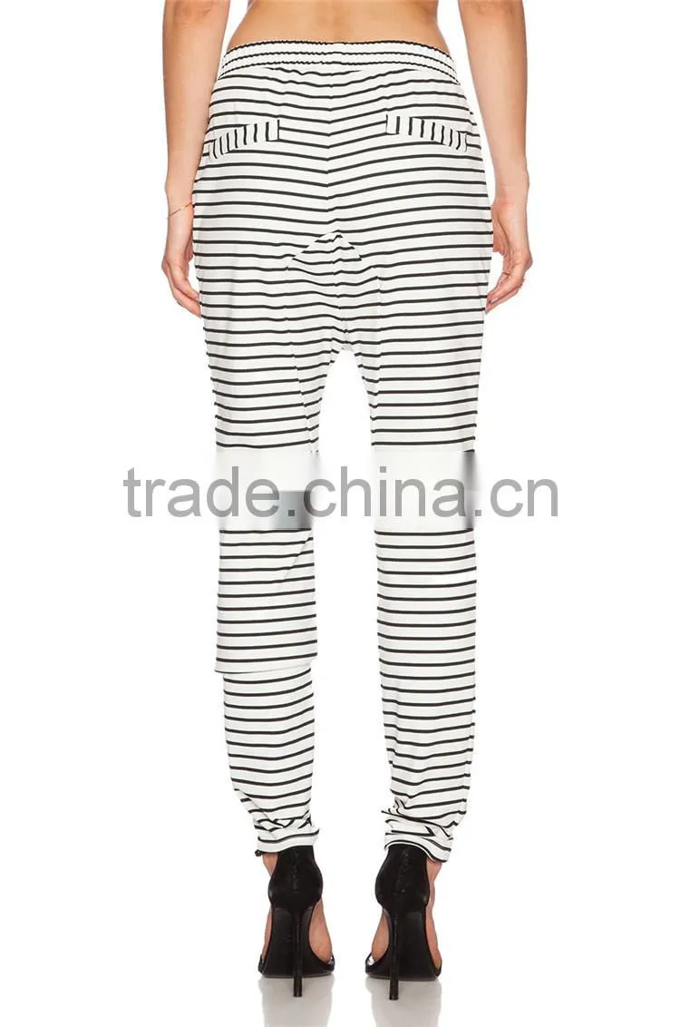 Drop crotch fashion striped drawstring jogger trousers women