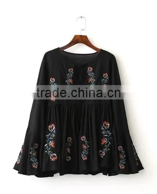 Runwaylover EY2375B 2017 Fashion Women Flare Sleeve Chiffon Embroidery Blouse