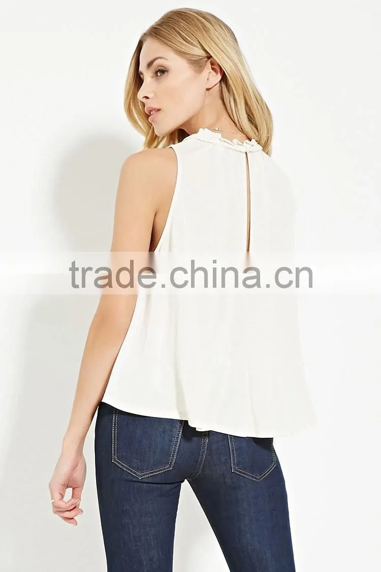 2016 guangzhou shandao oem service summer new design casual chiffon plain dyed sleeveless women pleated manufacturers top