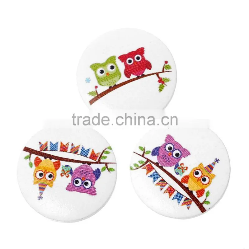 Wood Cabochon Round Multicolor Owl Halloween Pattern 30.0mm, 50 PCs