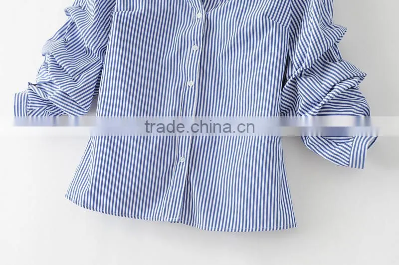 Wholesale Womens 100% Cotton Long sleeve Strip Oxford Blouse