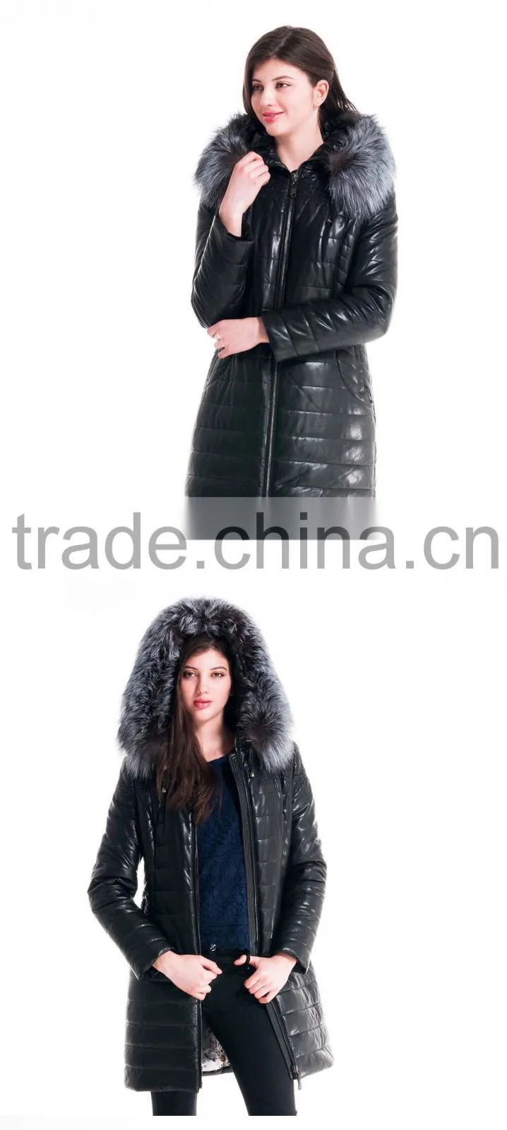 Winter Women Leather Medium Length Slim Fit Embroidered Coat With Brown Fox Hat Clothes