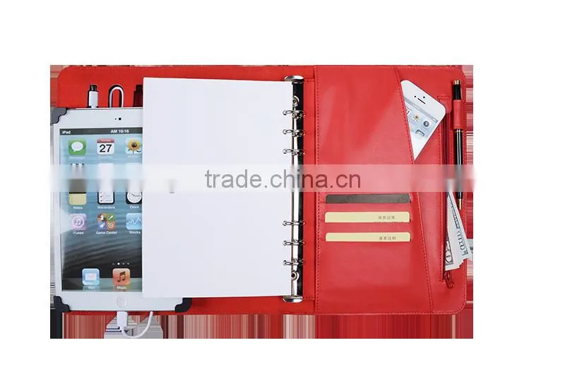 2016 Hot sell leather 6 ring binder notebook with power bank & usb disk