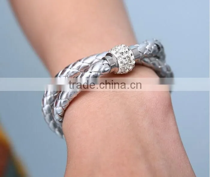 2014 leather bracelet, crystal rhinestone bracelet, leather rhinestone bracelet, genuine leather womens magnetic bracelet