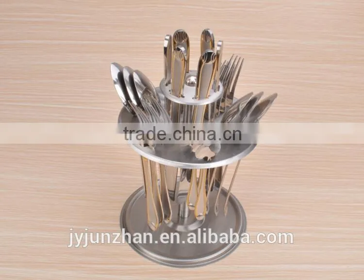 Gold plated with sand blasting 24pcs cutlery sets with ss shelf and low price