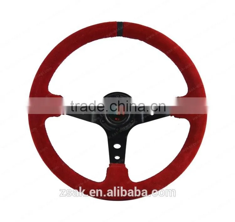 Steering wheel 97 mm deep dish 13.78 inches red suede with black spokes