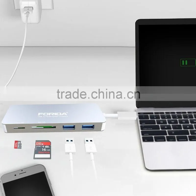 Hotsalest USB Type c usb 3.1 HUB ,Aluminium alloy combo USB 3.0 2 ports hub with Microsd/SD reader+1 usb c charger ,Type C hub