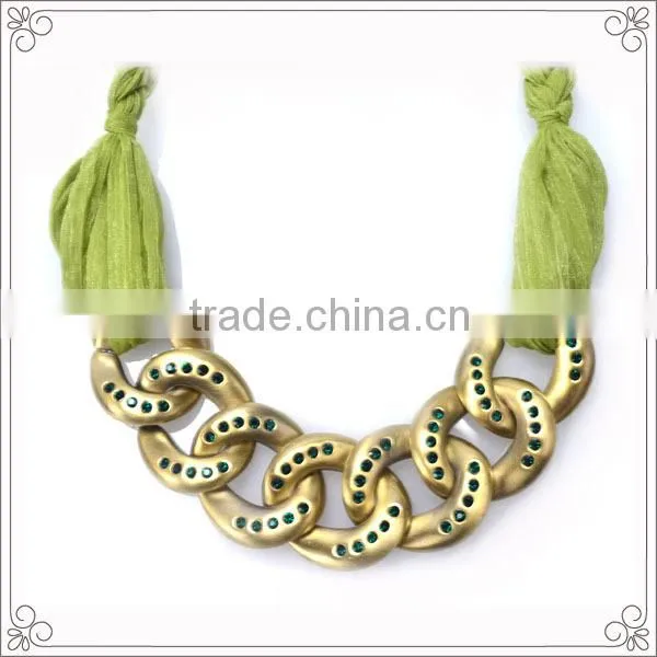 Green Color Ribbon Collar Necklace With Crystal Chain