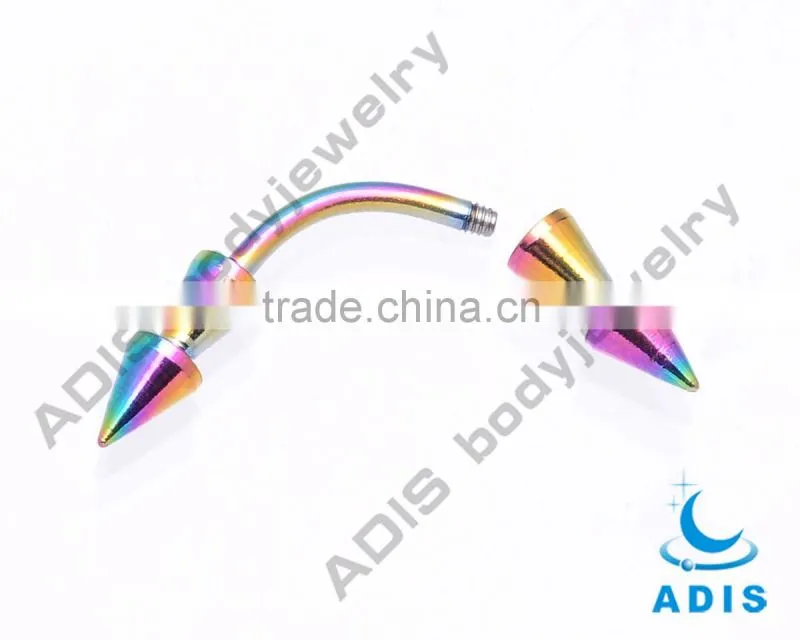 Rainbow anodized G23 titanium eyebrow piercing with double cones