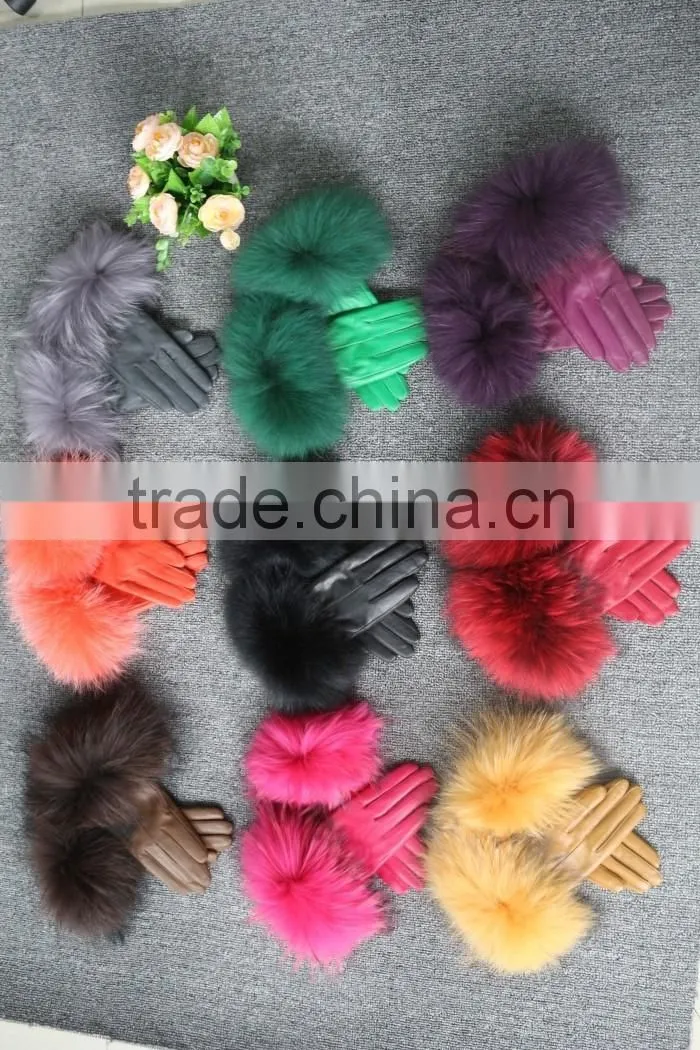 100% Genuine Fur Leather Gloves / Ladies Leather Gloves/Real fox fur leather gloves