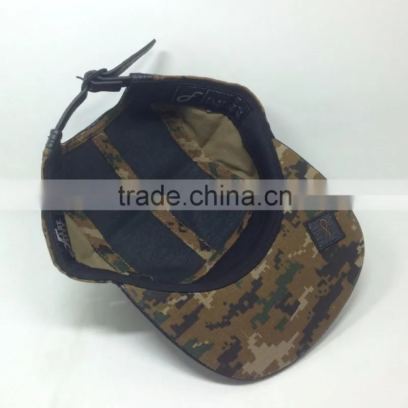High quality flat brim black leather 5 panel hat with label