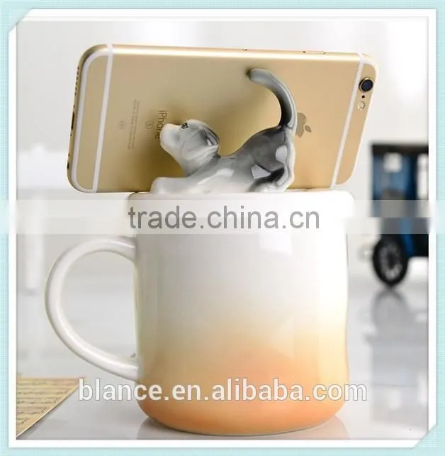 unique design animal mug with funny phone holder lid
