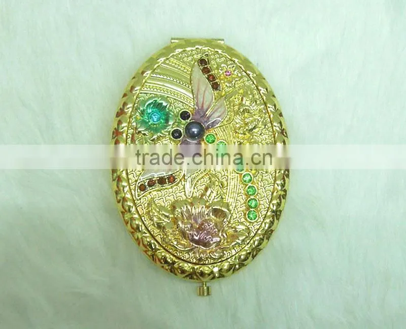 Gold dragonfly rhinestone cosmetic compact mirror