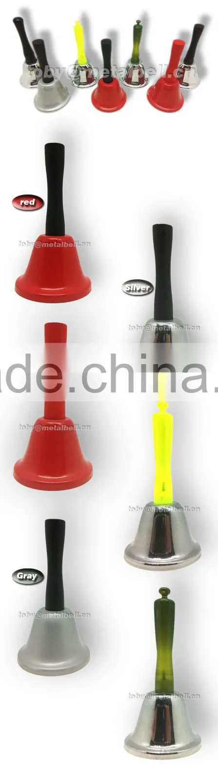 Dinner bell with wooden or plastic handle in custom color