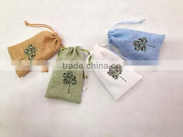 cotton linen gift packing bags with pvc window and greek oil designs embroidery