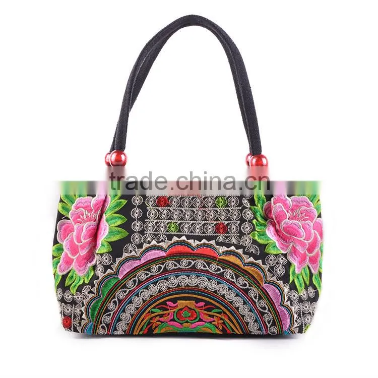 Embroidery flower pattern handbags women hot selling bag cheap hmong bag wooden beads women handbag