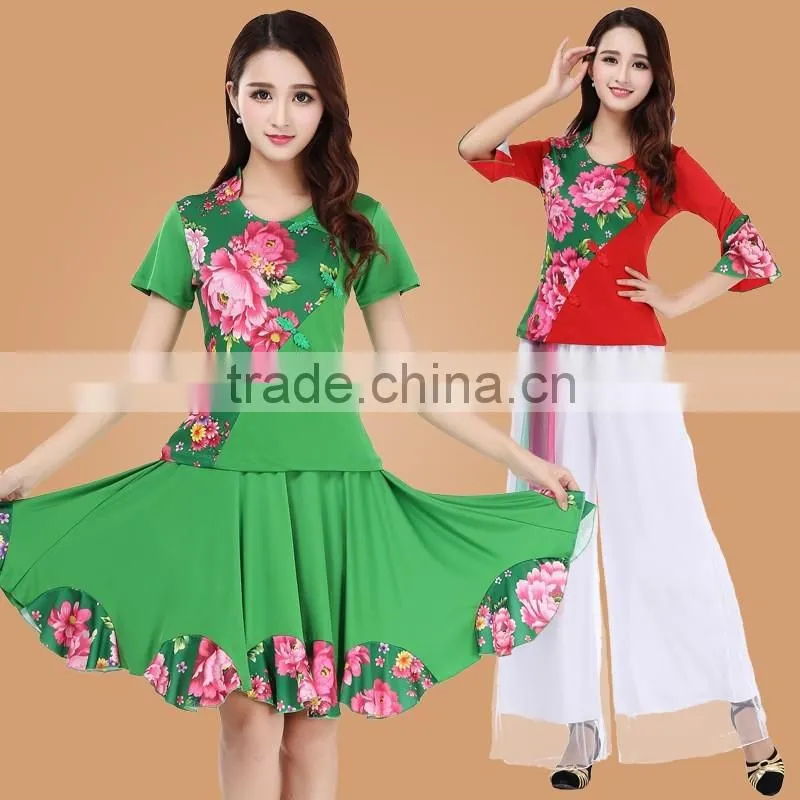 square dance dress suit Digital printing middle-aged and old spring and summer long, short-sleeved adult performance clothing