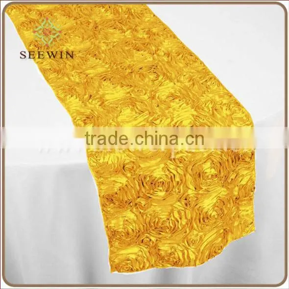 Plain dyed Pattern and Satin fabric,100% polyester satin Material Satin Rose Embroidery Table Runner/wedding deco rosette table