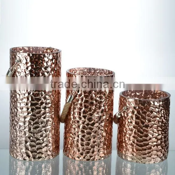 2-tier rose gold short staight cylindrical glass hurricane with hemp rope decal
